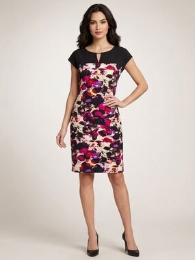Marc New York Black Yoke Floral Midi Sheath Dress Size 10
